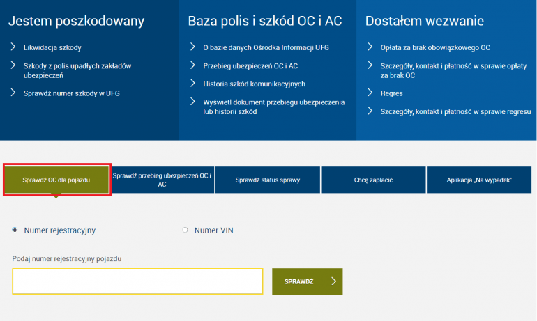 Sprawdzenie OC po numerze rejestracyjnym w UFG krok 2