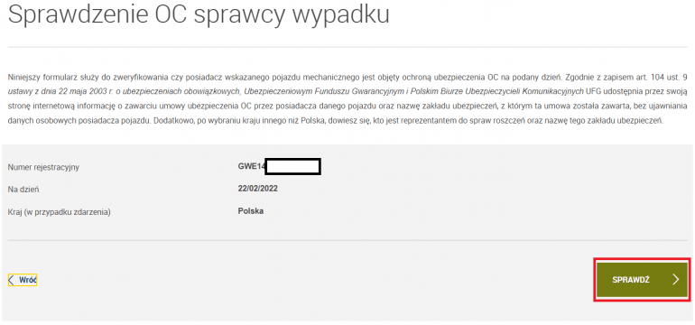 Sprawdzenie OC po numerze rejestracyjnym w UFG krok 8