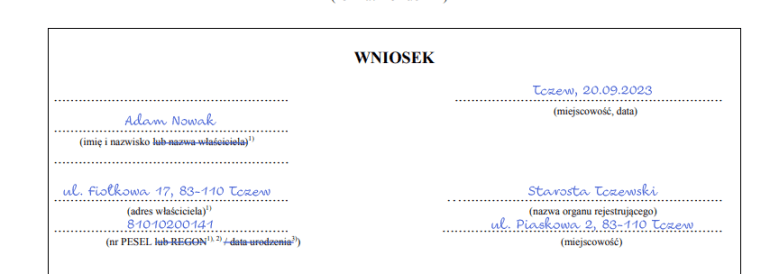 jak wypełnić wniosek o rejestrację samochodu – osoba fizyczna