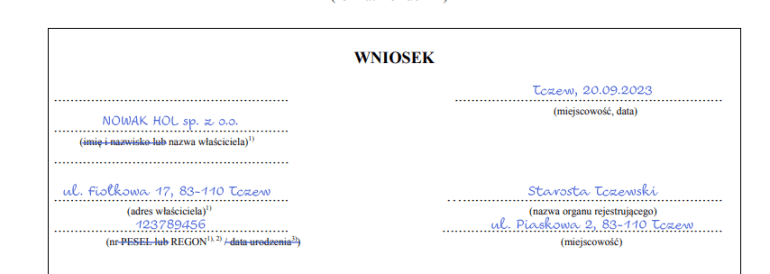 jak wypełnić wniosek o rejestrację samochodu – firma 